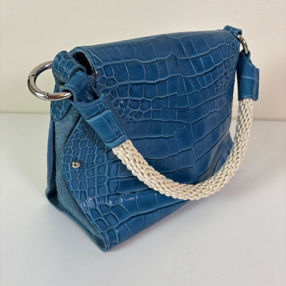 Croc-Embossed Teal Shoulder Bag with Turn-Lock Closure